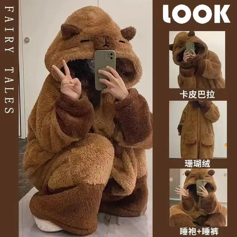 可爱卡通小浣熊珊瑚绒连体睡衣冬季新款小蜜蜂家居服连帽外穿高定
