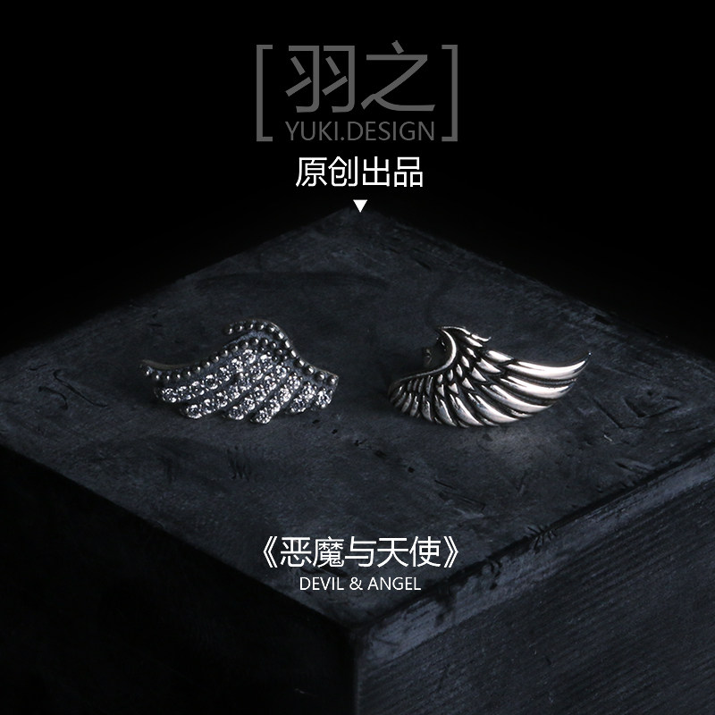 YUKI男女925纯银耳钉情侣银饰品情人礼物恶魔天使翅膀小众设计师
