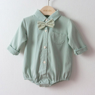 韩国进口秋冬婴幼儿连身哈衣衬衫爬服男女宝宝百天周岁宴绅士童装