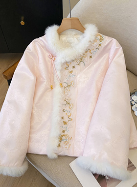 实拍2025新款新中式国风棉服外套女秋冬复古刺绣提花加厚上衣冬季