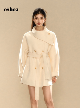 oshea 澳洲羊毛毛呢外套女2024新款冬季金扣细带中长款双面呢大衣