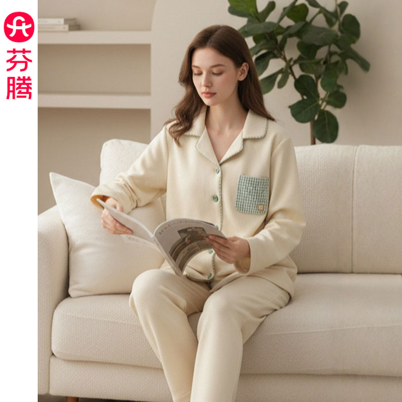 芬腾秋冬新款里外纯棉空气棉夹层睡衣女士套装休闲保暖长袖家居服