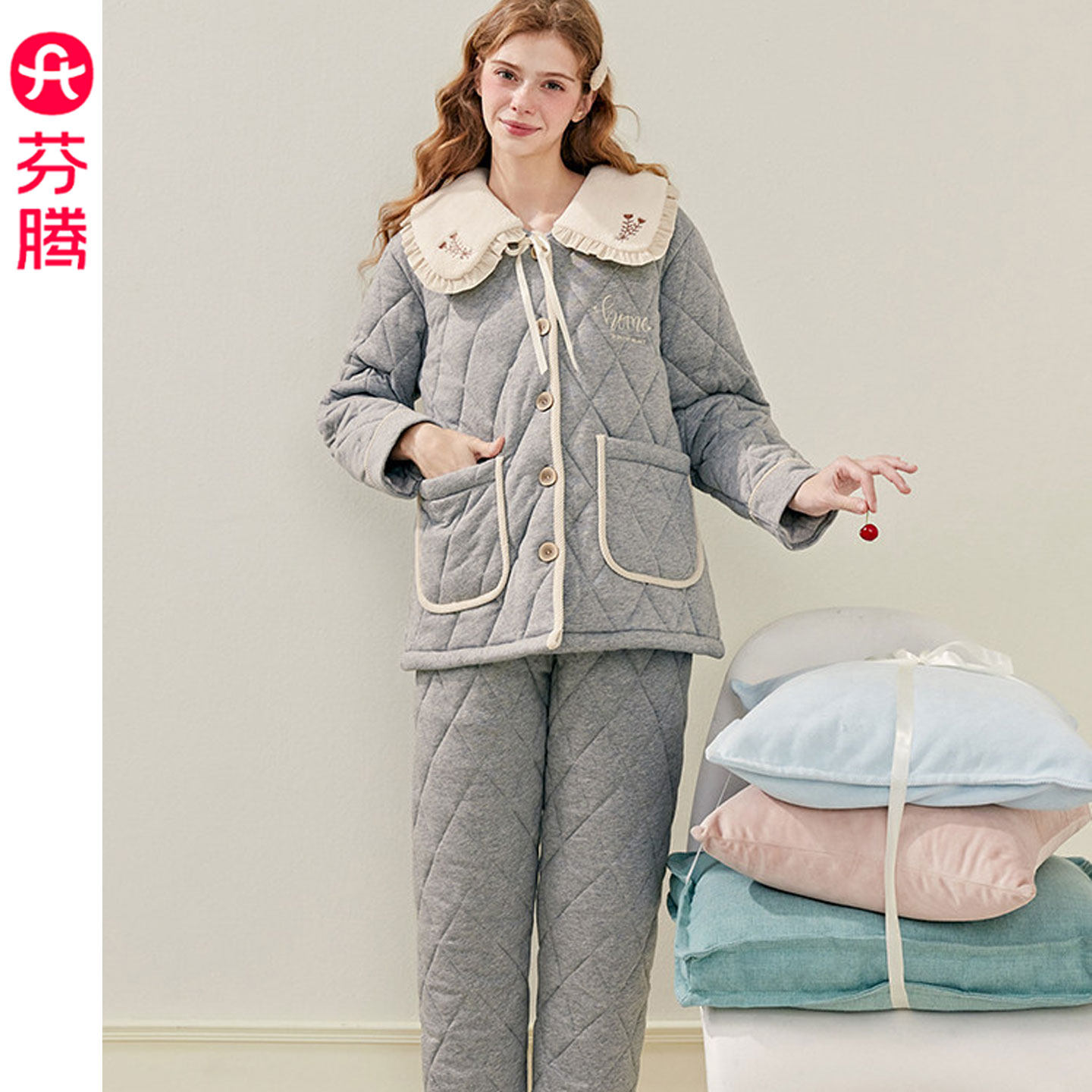 芬腾冬季三层加厚珊瑚绒睡衣女士