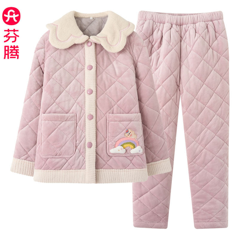 芬腾三层加厚珊瑚绒夹棉睡衣女冬