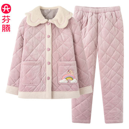 芬腾冬季三层加厚珊瑚绒夹棉睡衣女士套装保暖加棉加绒防寒家居服