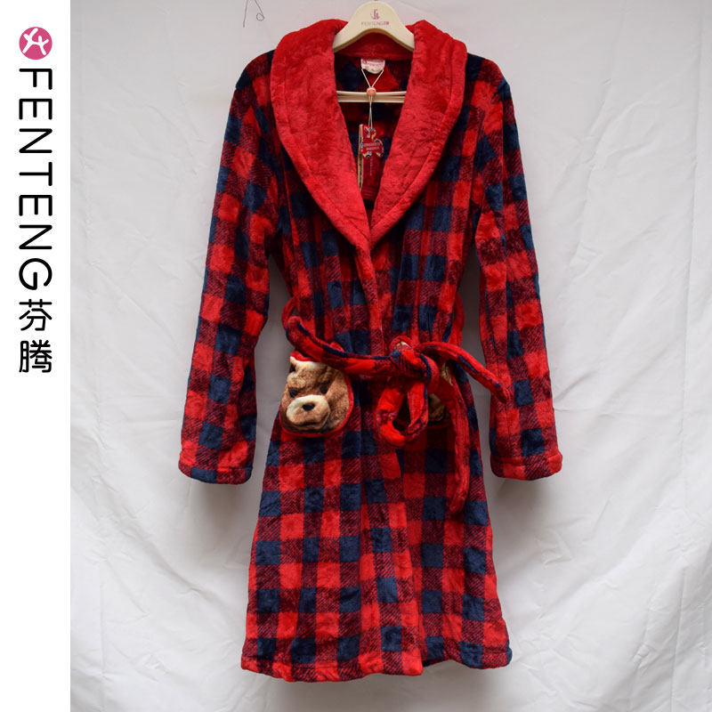 芬腾加厚珊瑚绒睡袍女士时尚格子长袖中长款浴袍家居服秋冬季新款