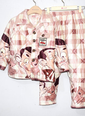 升派冬天三层加厚珊瑚绒夹棉睡衣男女童款套装卡通保暖加棉家居服