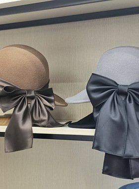 秋冬日本款羊毛呢女复古缎布蝴蝶结飘带盆帽渔夫帽赫本网红毡帽子