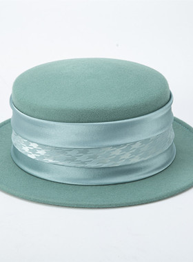 秋冬羊毛呢新款平顶平沿英伦法式小沿礼帽黄色 果绿平顶帽子