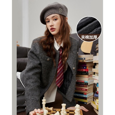 品牌正品折扣店毛呢加厚夹棉短款外套高级感灰色廓形女式大衣