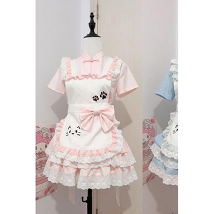 洛丽塔可爱少女感甜美减龄上衣蕾丝拼接蛋糕裙蝴蝶结背带围裙套装