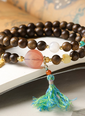 原创设计黄奇楠沉香木多圈新中式手链文玩蜜蜡盐源玛瑙手串女