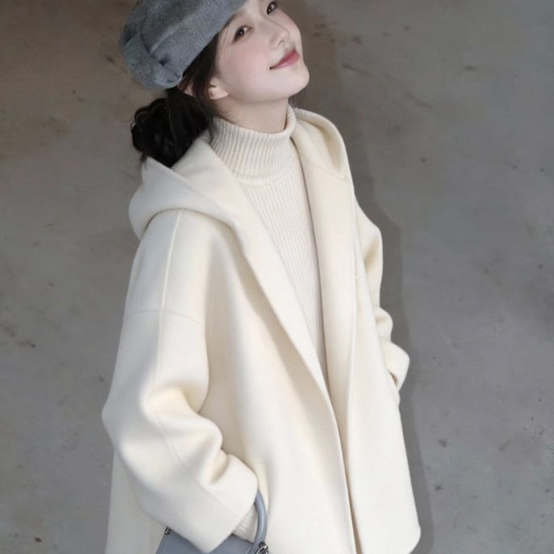 白色连帽双面羊毛毛呢外套女2025冬季新款轻奢高级感短款呢子大衣