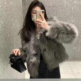 加厚韩版 2025秋冬新款 小个子 女短款 环保狐狸毛灰色皮草外套年轻款
