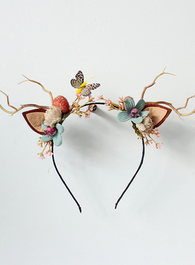 圣诞成人儿童古风发饰麋鹿角发光仿真树枝猫耳朵蝴蝶头箍走秀拍照