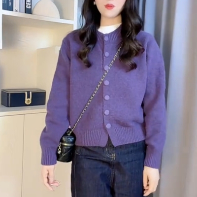冬季紫色圆领长袖针织开衫女