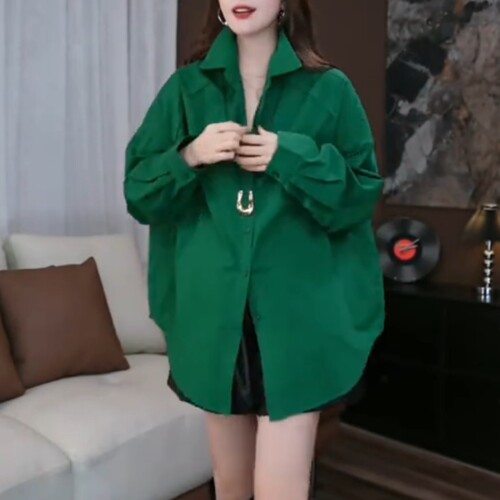 绿色衬衫女2026春秋休闲百搭大码