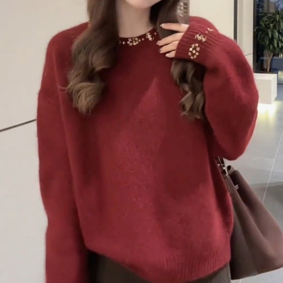 韩版红色大码宽松显白毛衣女