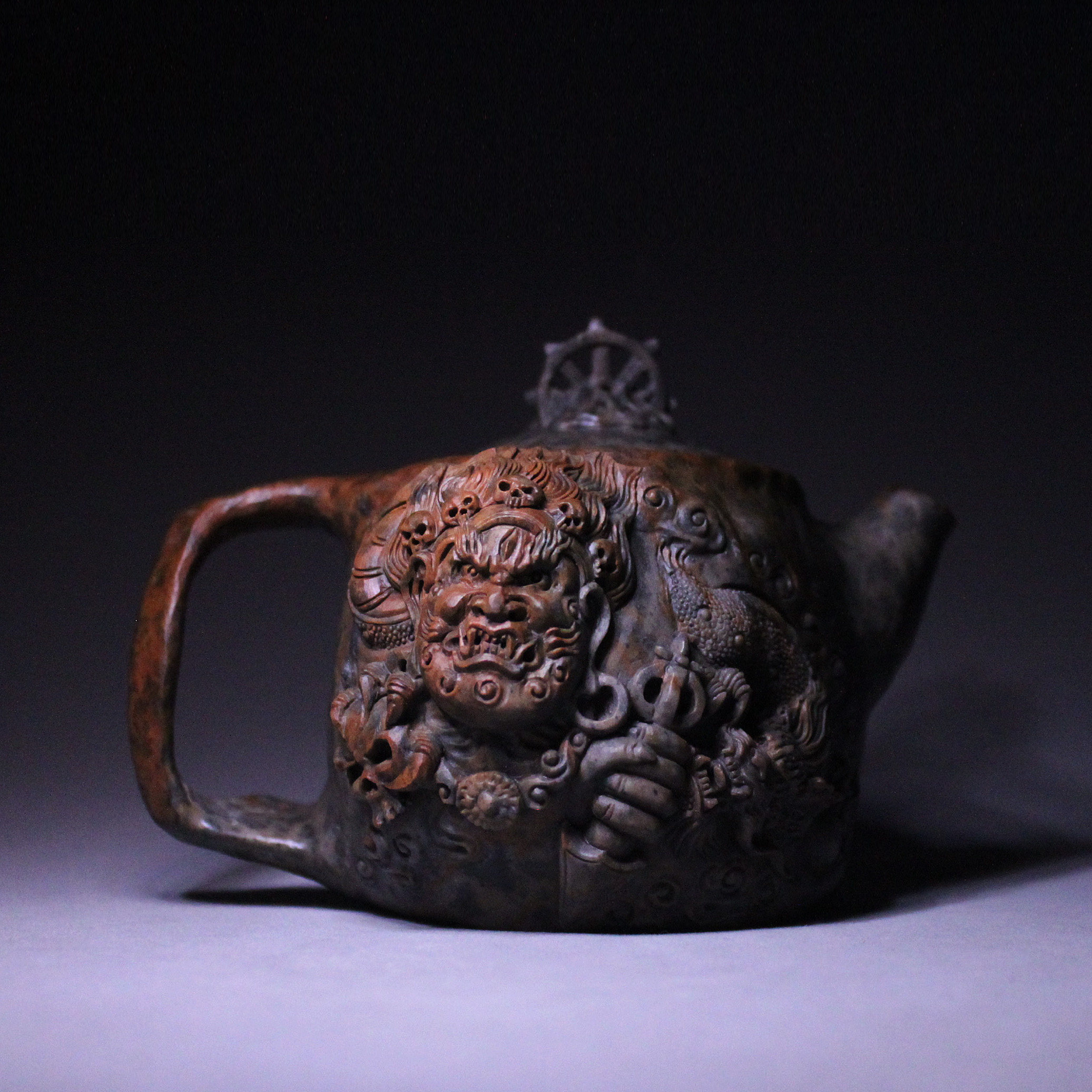 冰碛岩茶壶 黄皮豹纹玉化国工精雕大黑天泡茶器茶壶 孤品收藏级