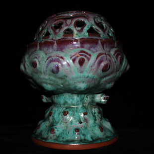 典藏钧瓷窑变国大师晋佩章刘山人亲作镂空莲花座香薰炉珍品收藏级