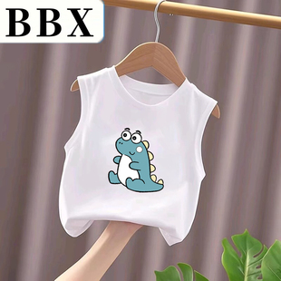 纯棉螺纹领口男童背心儿童a类宝宝全棉恐龙无袖坎肩t恤白色打底衫