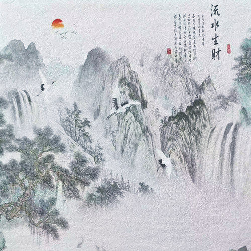 流水生财墙布壁背景墙水墨山水画