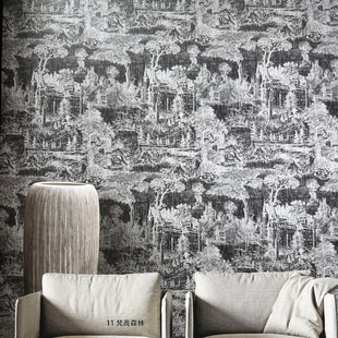 梵高森林黑色墙布 高级复古黑白幕凯风风景无缝墙布客厅卧室壁布