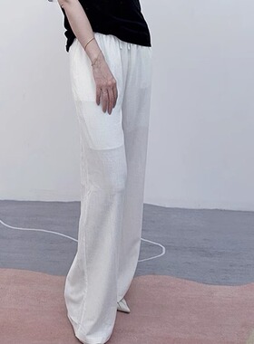 亚麻阔腿裤 薄款垂感高个子加长白色休闲拖地裤松紧腰遮肉显腿直
