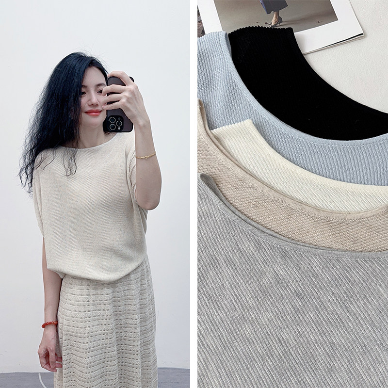 法式老钱风~高端设计师风天丝亚麻船领蝙蝠袖针织衫女夏气质上衣