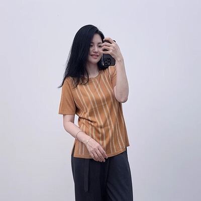 丝滑冰感大码桑蚕丝针织条纹短袖