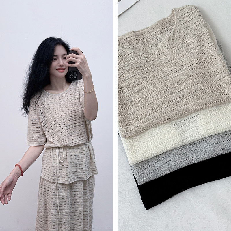 法式慵懒 高端镂空系列套装天丝亚麻圆领短裙针织半身裙两件套女