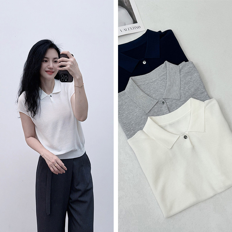 选我~我不怕比！品牌拆标夏季纯色POLO领宽松翻领薄款针织短袖女
