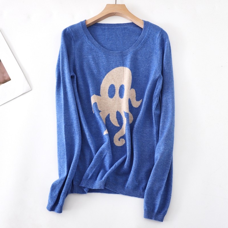 样衣系列款羊绒打底衫春秋款薄款卡通图案圆领毛衣女100%羊绒上衣