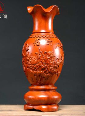黄花梨木雕装饰花瓶摆件一对客厅插花家居中式大号雕刻红木工艺品