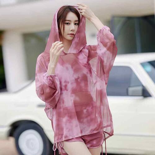 女款微胖分体泳衣连帽三件套罩衫大码遮肚宽松泳衣罩衣