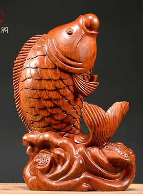 黄花梨木雕鱼摆件家居饰品木头仿古办公桌鲤鱼摆件红木雕刻工艺品