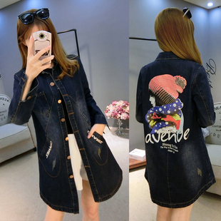新款 断码 牛仔衣外套女2018秋季 清仓中长款 风衣美人图案字母上 特价