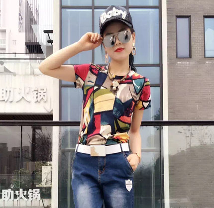 2025夏新款女士棉短袖tT恤韩版时尚拼色撞色大码半袖花上衣显瘦潮