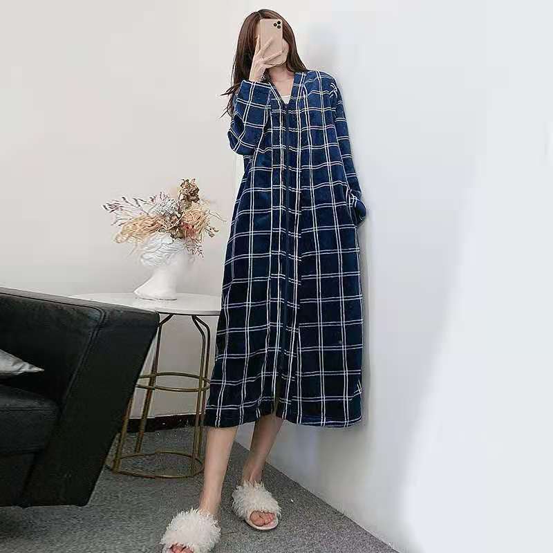 格子开衫拉链珊瑚绒性感连体浴袍