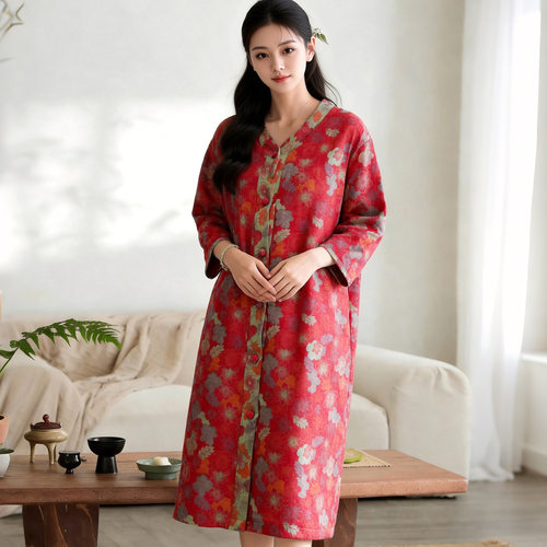 纯棉纱布睡裙女士古风高级感睡衣新中式薄款长袍开衫衬衫大码孕妇