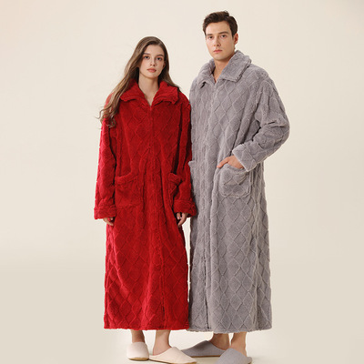 懒人宽松睡裙男士加厚秋冬季连体睡衣拉链睡袍可外穿浴裙长款女士