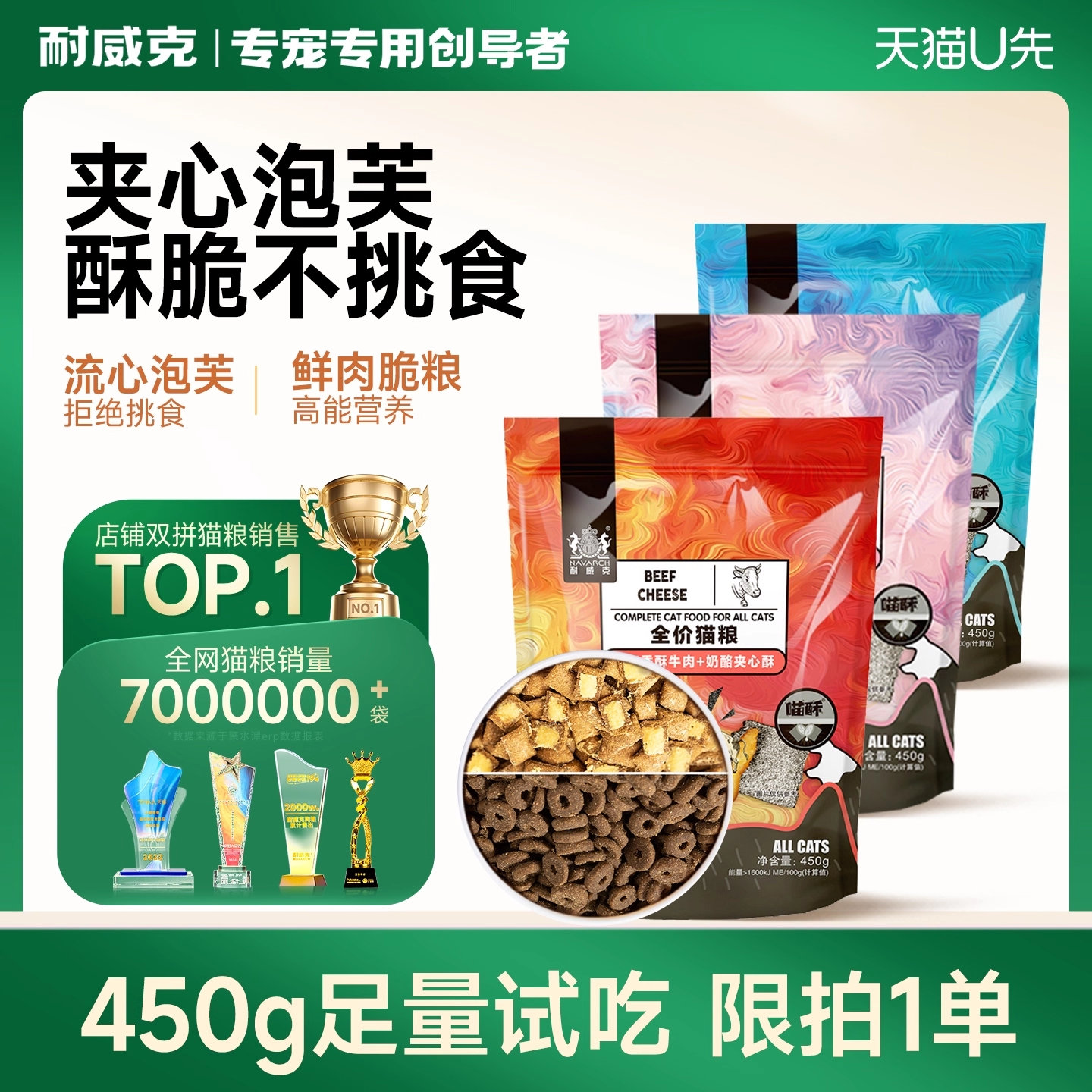 【30万+回购】耐威克夹心泡芙猫粮成幼猫流浪猫长肉试吃旗舰店