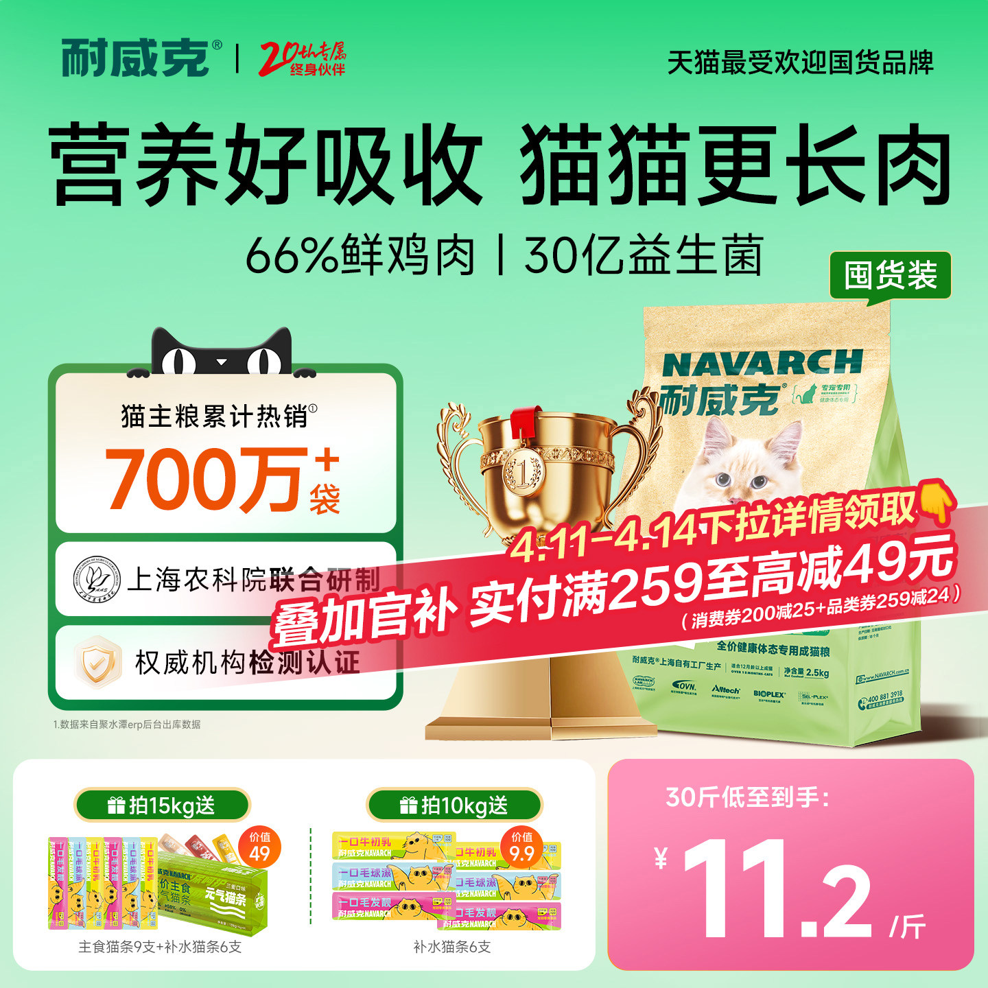 【超值囤货装】耐威克鲜肉猫粮美毛长肉健康体态30斤官方旗舰店