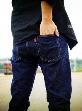 国潮水洗蓝色红边重磅小脚中腰修身直筒拉链赤耳丹宁牛仔长裤酱潮