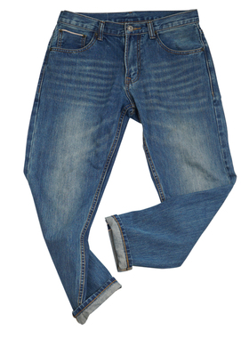 国潮蓝色手工洗水红边布9分小脚直筒修身悠闲赤耳丹宁牛仔裤酱潮