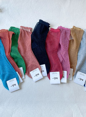 现货BAL韩国东大门袜子女中筒亮丝木耳边花边彩色金银丝纯色薄款