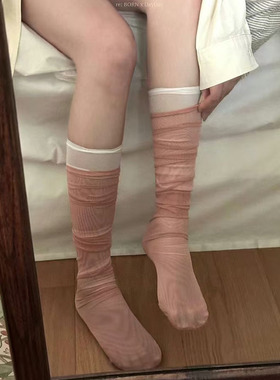 新MARCA韩国代购袜子女纯色网纱超薄个性小腿袜小众款堆堆袜夏季