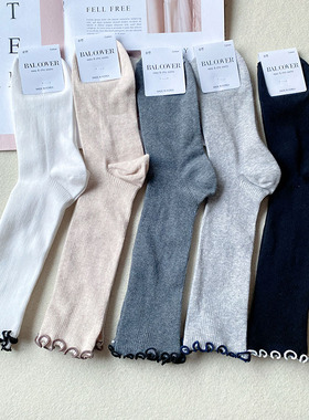 BAL韩国东大门堆堆袜拼色木耳边薄款细条纹花边百搭中筒袜女春秋