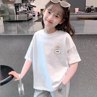 纯棉白色正肩短袖t恤女童夏季2025新款爆款宽松版款半袖儿童上衣