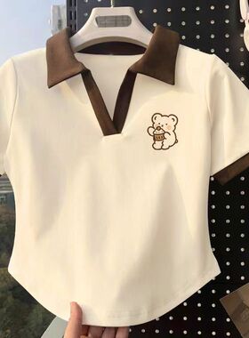 中大童夏季新款POLO领上衣女童短袖T恤复古夏装修身舒适半袖上衣